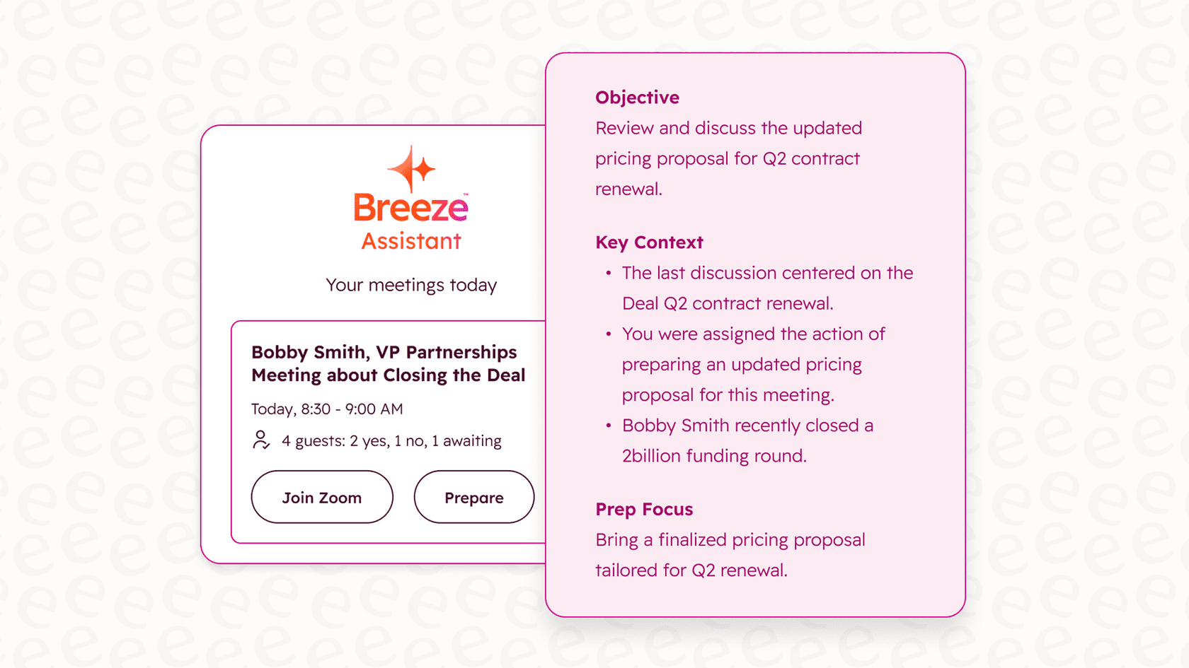 The HubSpot Breeze assistant showing a pre-meeting briefing with CRM data.