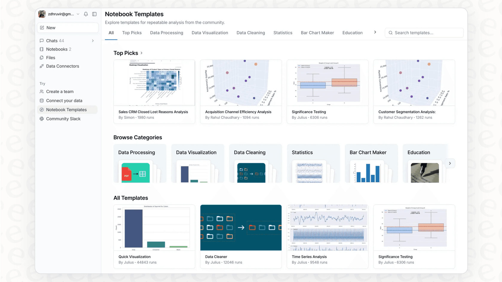 A screenshot of the Julius AI Notebooks feature that allows for repeatable data analysis tasks.