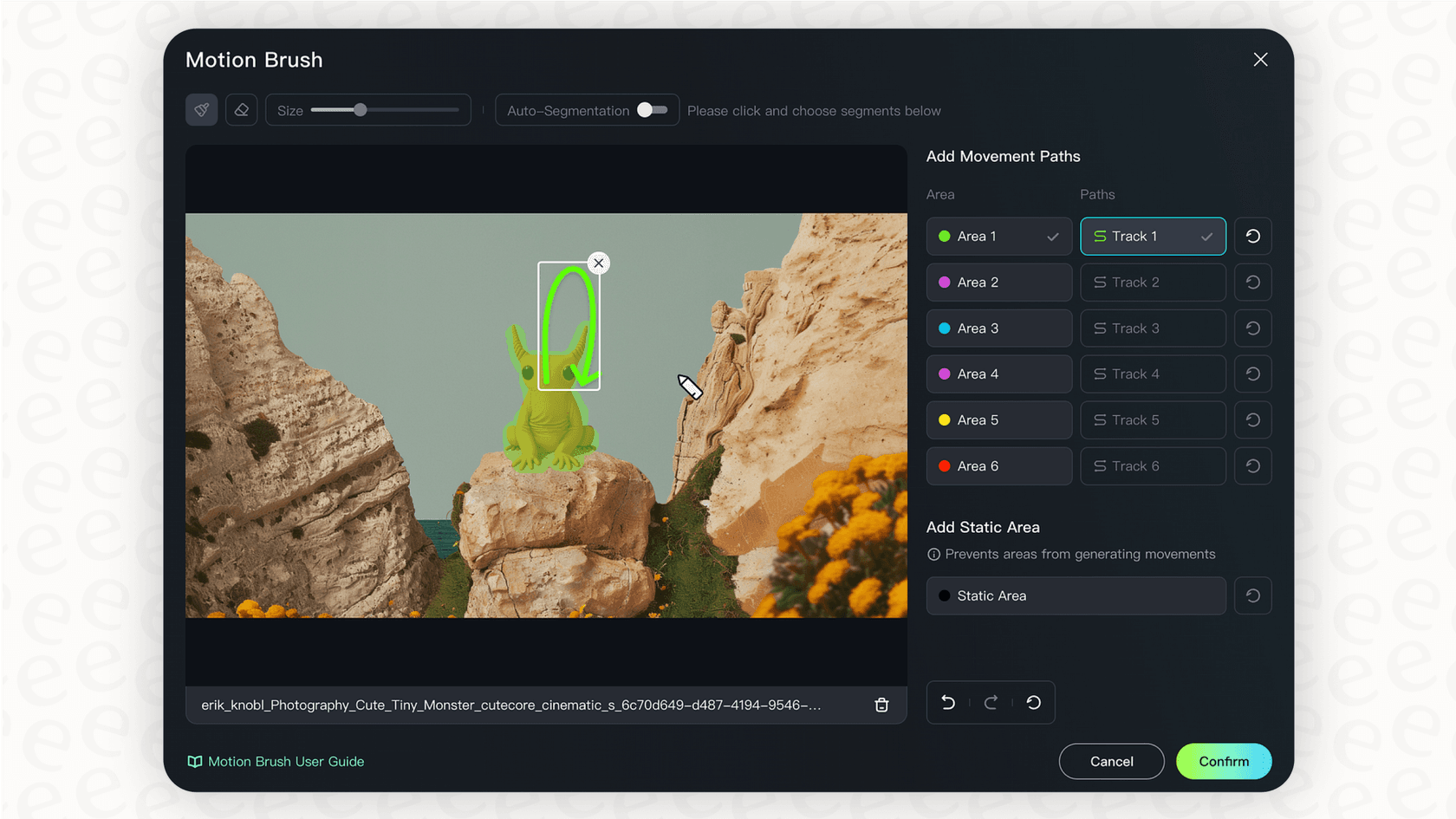 A detailed view of the Kling AI Motion Brush tool being used to animate a specific area of an image.