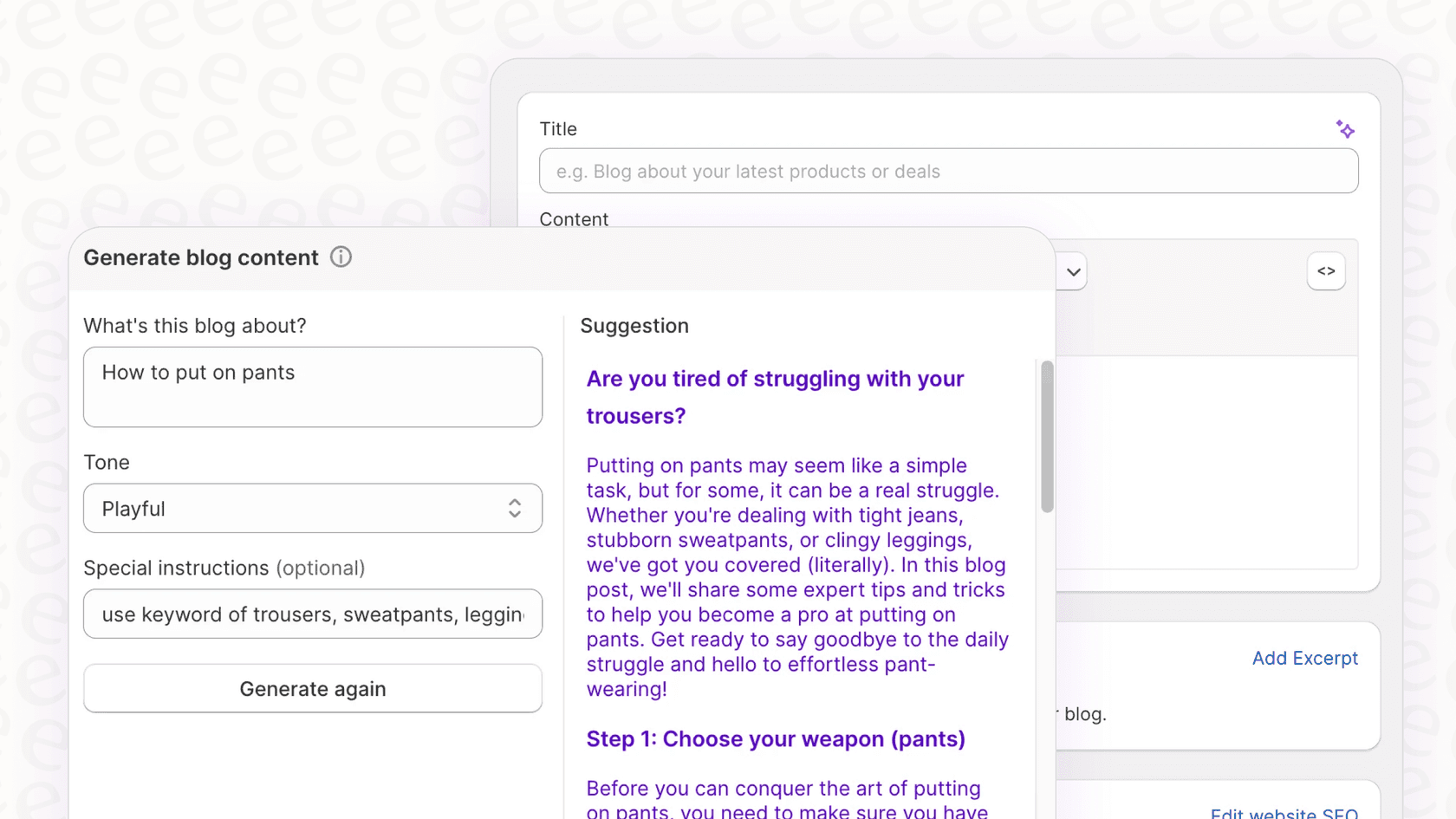 A screenshot demonstrating the text generation interface for the Shopify Magic AI Tools in Theme Editor, with options for keywords and tone of voice.