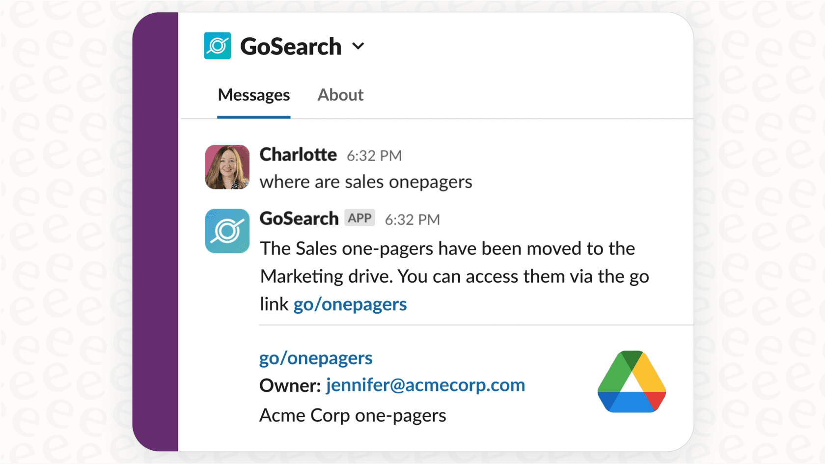 A user employing the /gosearch command within Slack to demonstrate the Slack AI integration with GoSearch.