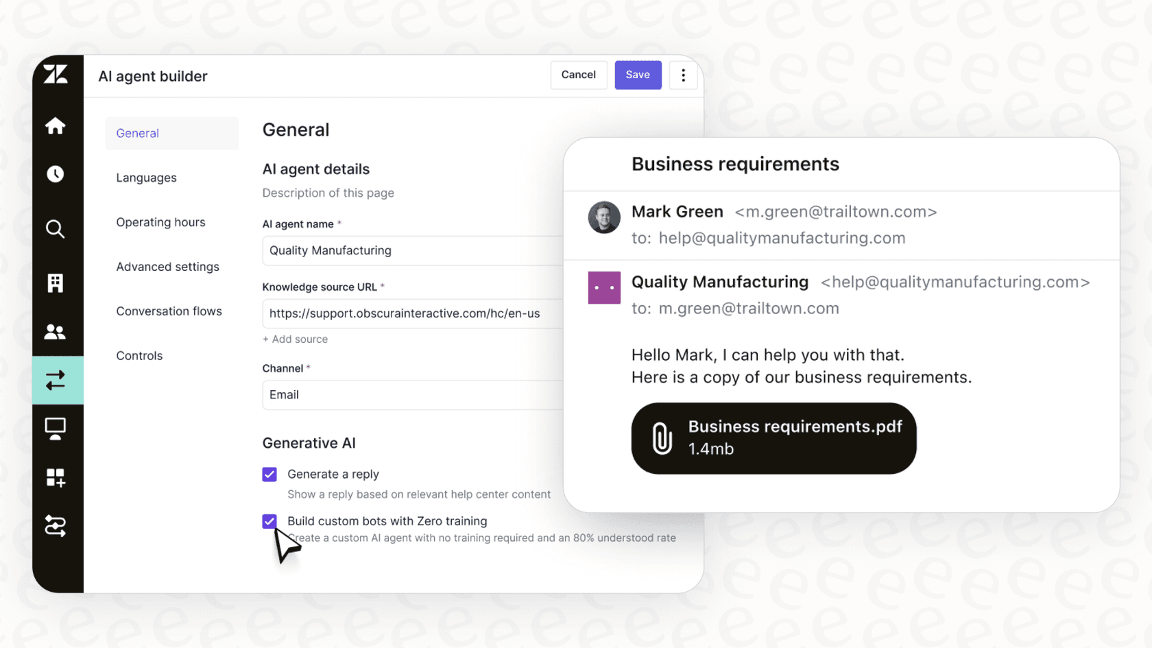 Screenshot of bot creation in Zendesk.