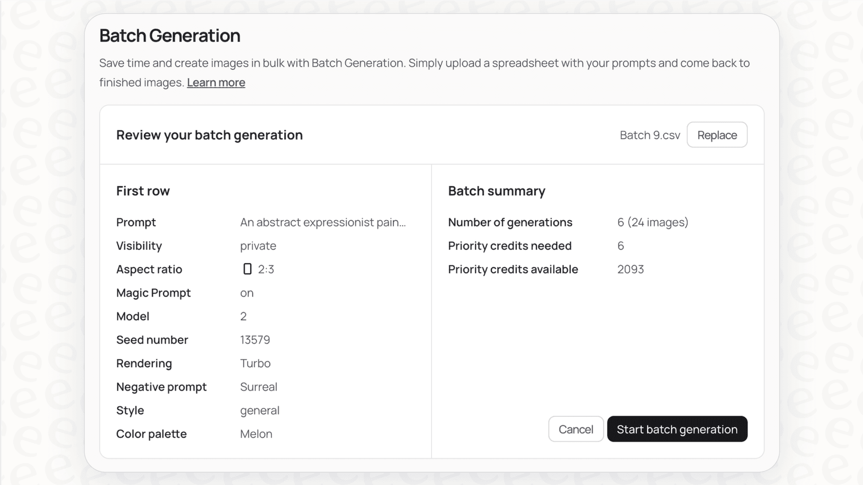 The user interface for batch generation in Ideogram, a tool that allows creating many images from a CSV file.