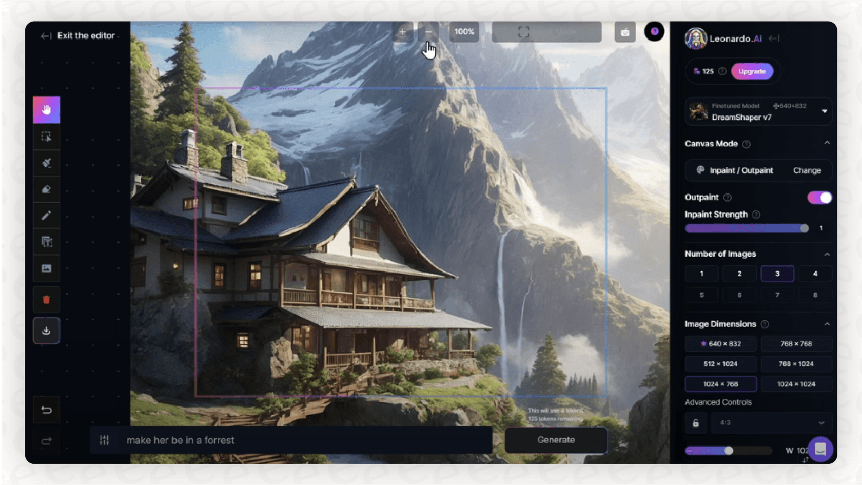 A screenshot of the Leonardo AI Canvas tool, showing how the outpainting feature can be used to expand an image seamlessly.