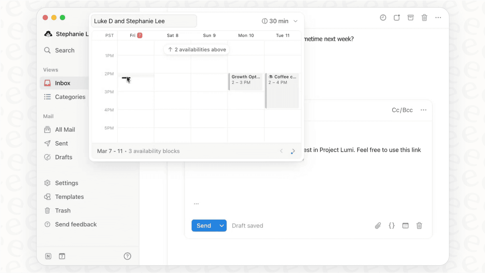 A screenshot for a Notion Mail overview that shows the seamless integration with Notion Calendar for scheduling meetings.