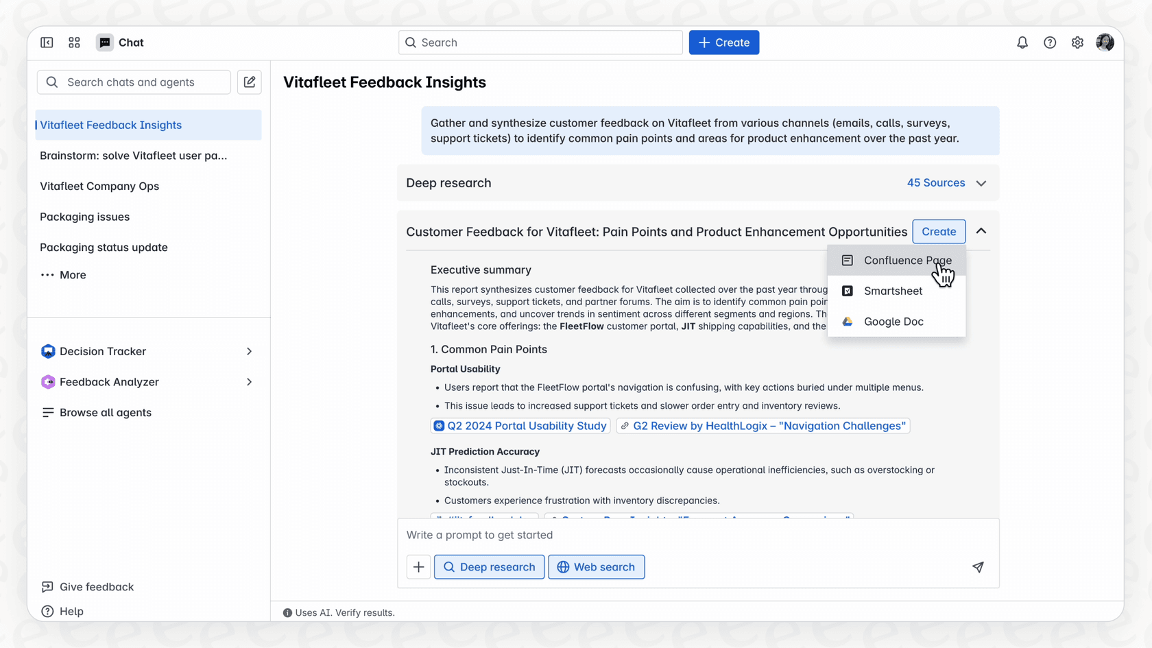 A screenshot demonstrating the user interface of Rovo Deep Research, where a user inputs a query to start an investigation.