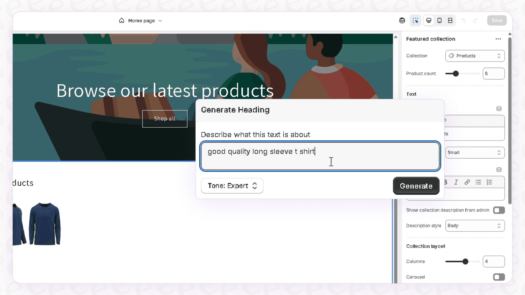 A screenshot highlighting where to click to start creating Shopify Magic Heading Suggestions in the Shopify dashboard.
