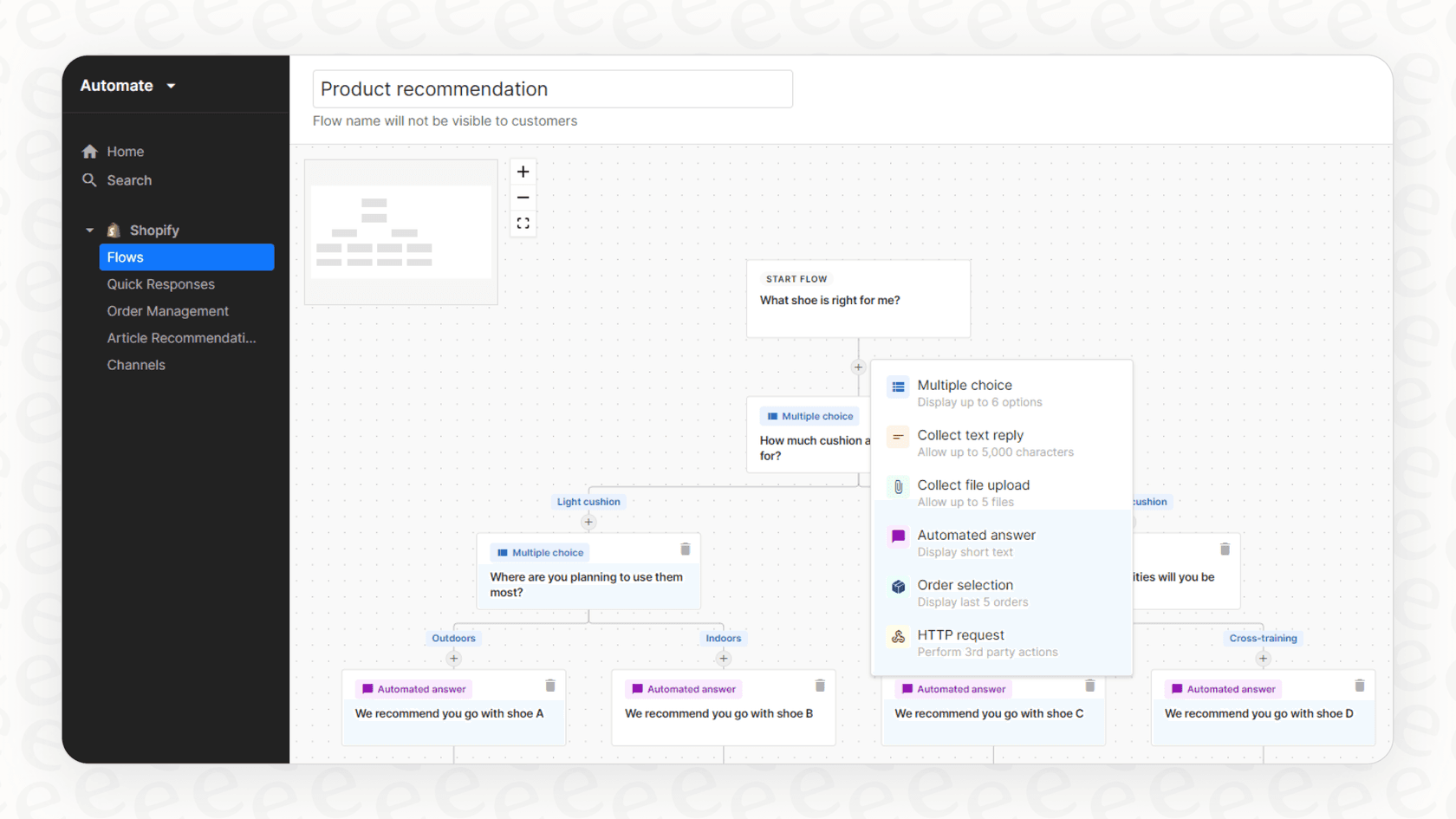 A screenshot demonstrating the visual builder for setting up Gorgias AI flows and order management.