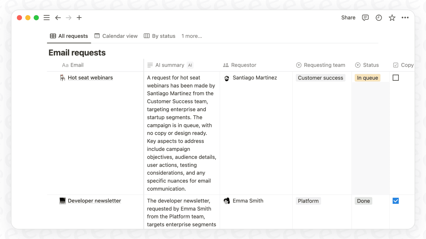Screenshot of a Notion database using AI properties to auto-summarize entries, relevant to understanding Notion AI Limitations & Best Practices.