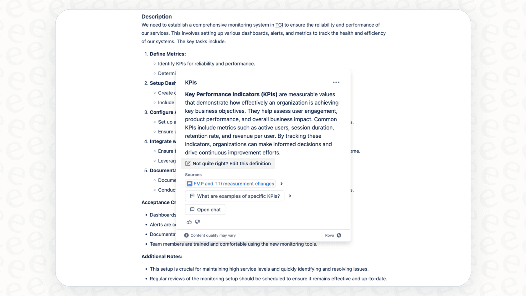 A user interacts with the Rovo Definitions feature in Atlassian, getting an AI-generated answer instantly.