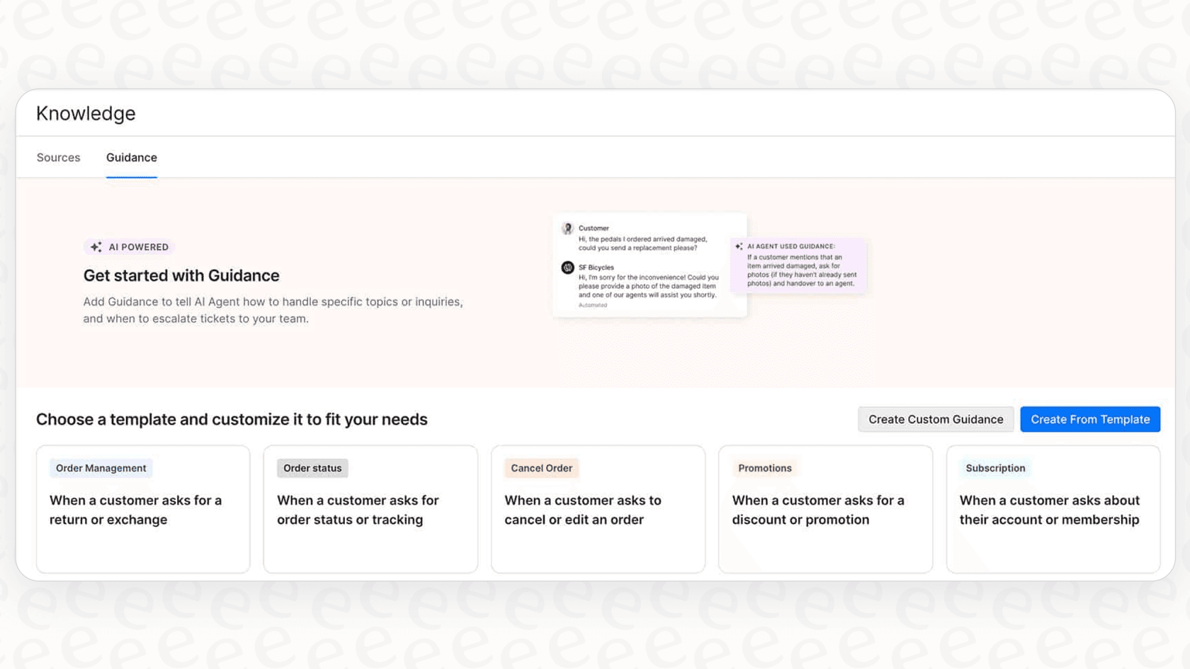 Esta imagen muestra la configuración de Guidance en Gorgias, donde puede configurar la IA para detectar la intención de reembolso frente a cambio a partir del texto del mensaje.::