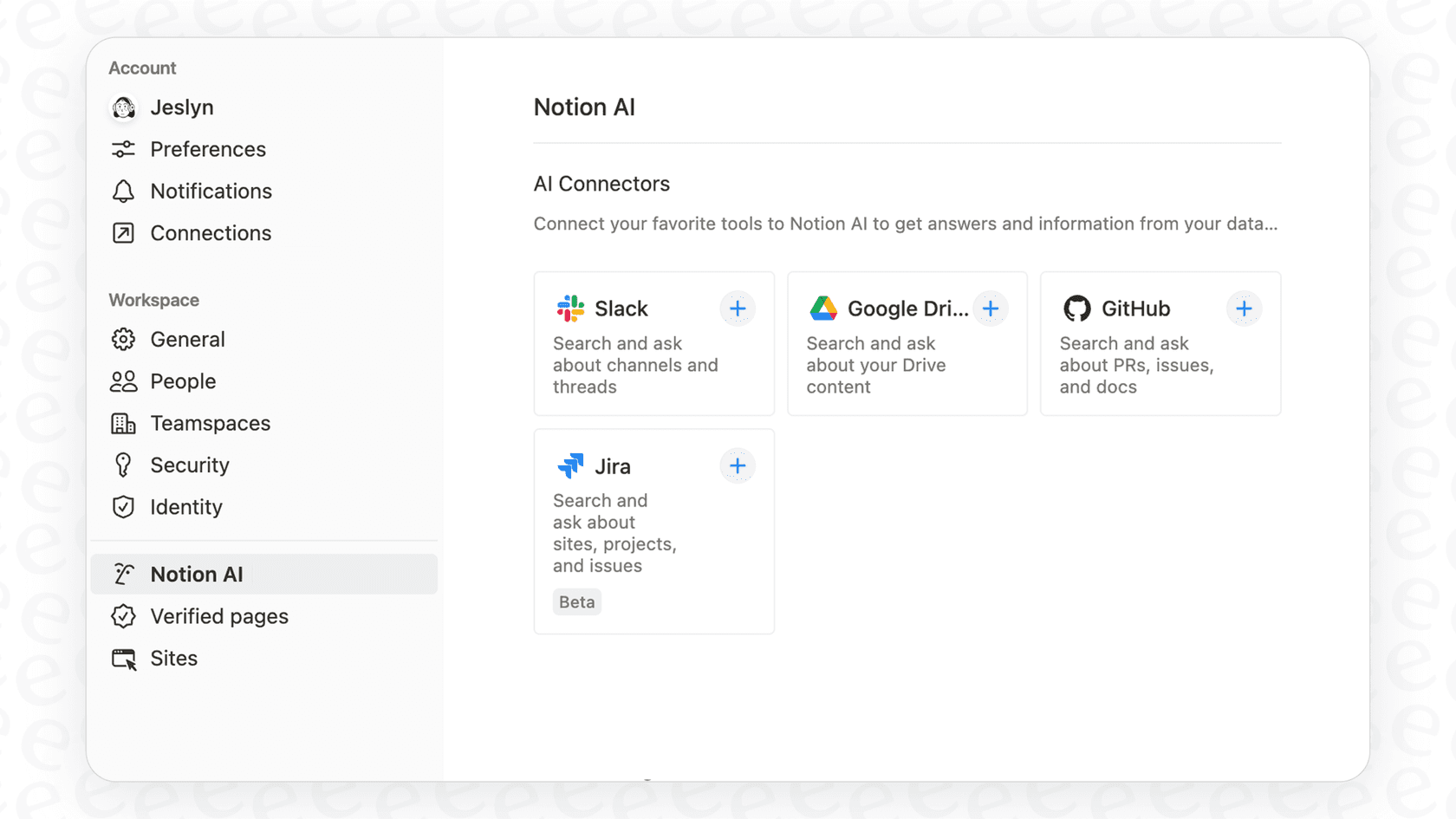 The settings page in Notion for adding the Notion AI Slack Connector.