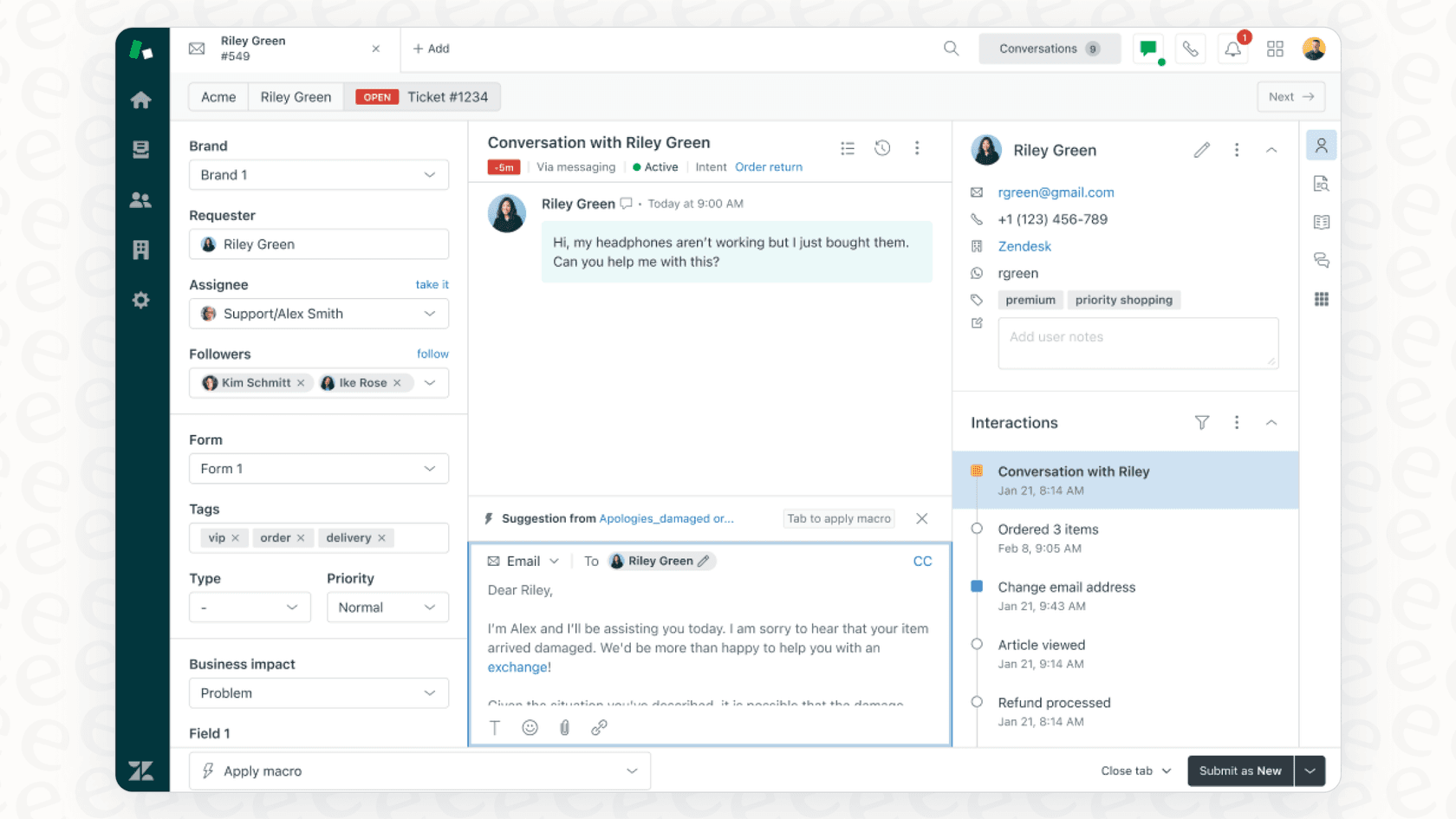 The Zendesk Advanced AI Generative Replies feature providing a conversational answer to a customer question in the Zendesk agent workspace.
