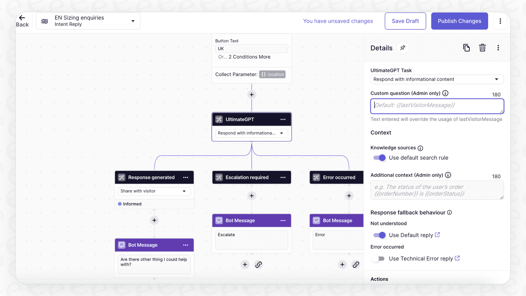A screenshot showing the dialogue builder feature within Zendesk AI Agents Advanced for creating custom conversational flows.