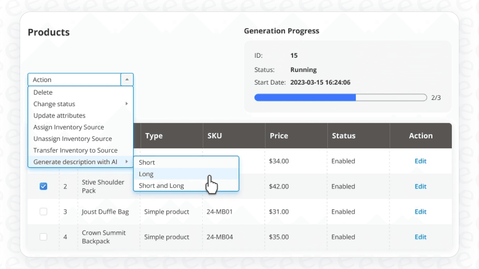 A screenshot demonstrating the bulk content creation capability of a Magento AI Content Generator from the product grid.