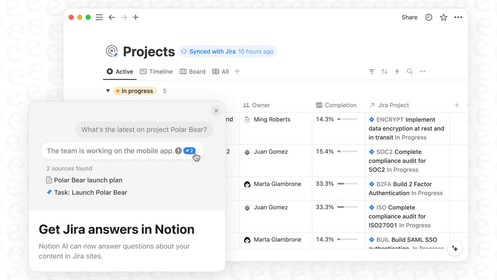 Screenshot of how Jira integrates with Notion, in Q&A form and database tables.