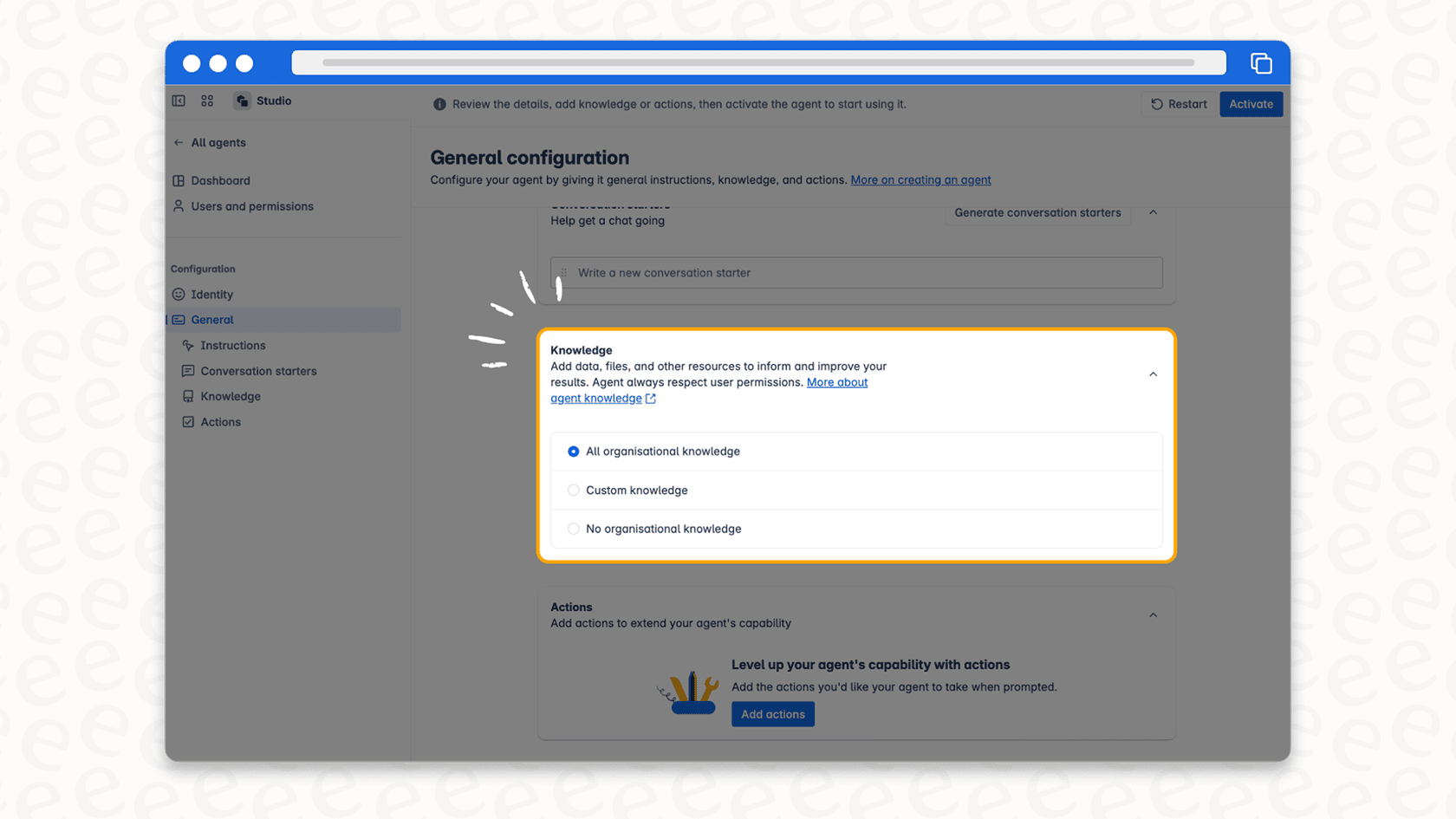 The interface for configuring knowledge sources for Rovo AI in Automation Rules, which is essential to overcome the 