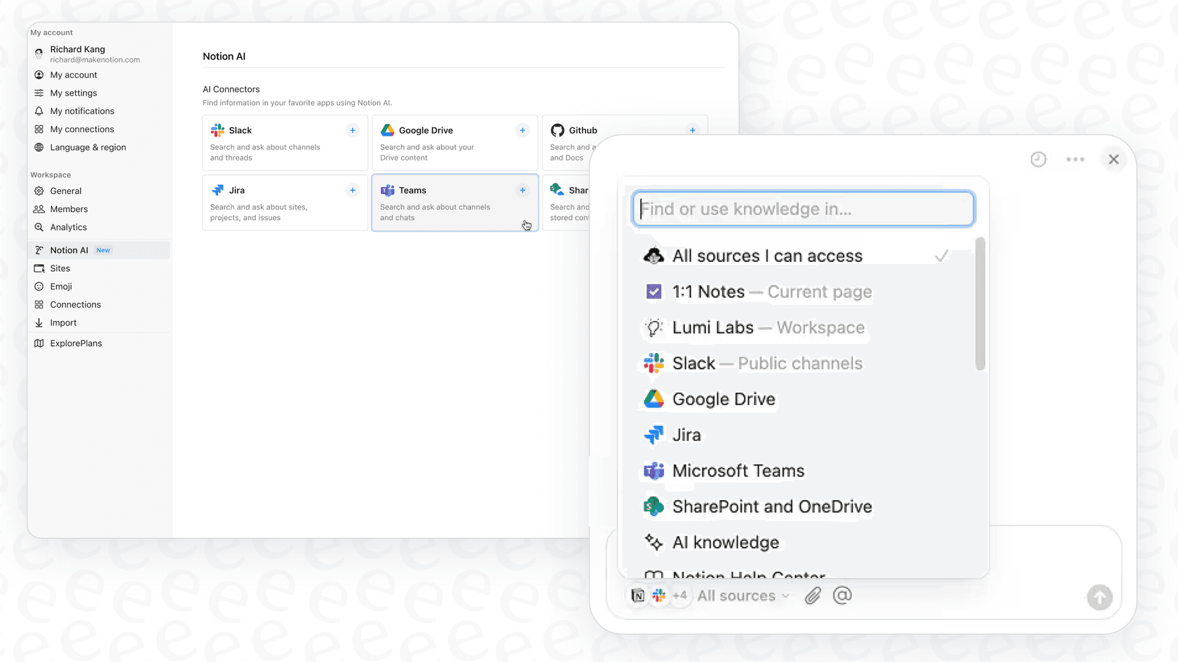 A user asks the Notion AI Microsoft Teams Connector a question and gets an answer sourced from a Teams conversation.