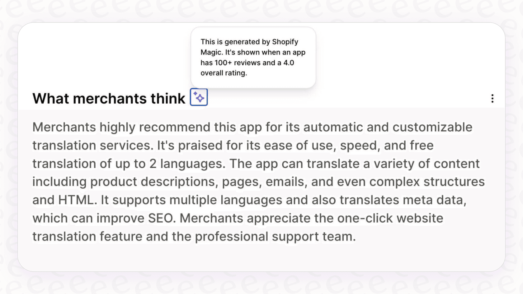 A screenshot demonstrating the Shopify Magic App Review Summaries on a Shopify app page.