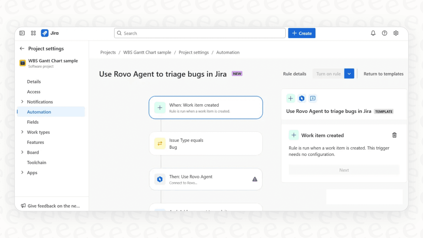 Un ejemplo de cómo las Rovo AI Actions pueden automatizar los flujos de trabajo de Jira, mostrando un informe de error que se asigna automáticamente.