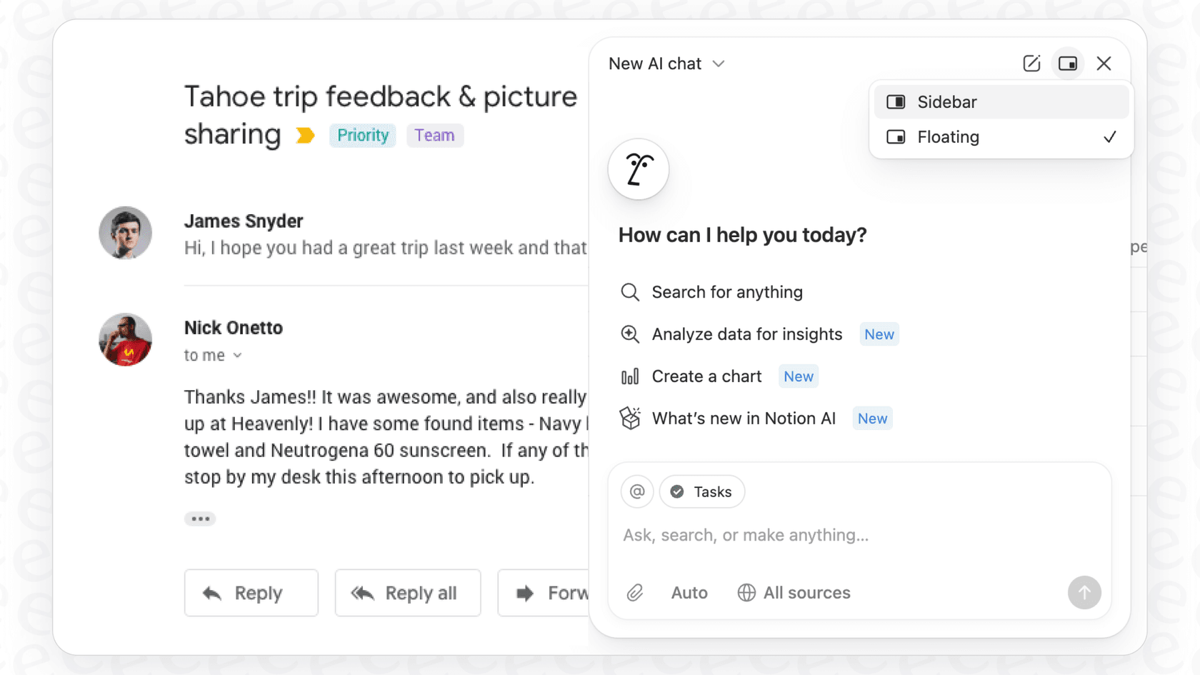 A user asks the Notion AI Mail Connector a question about a recent email to demonstrate its centralized search and discovery feature.