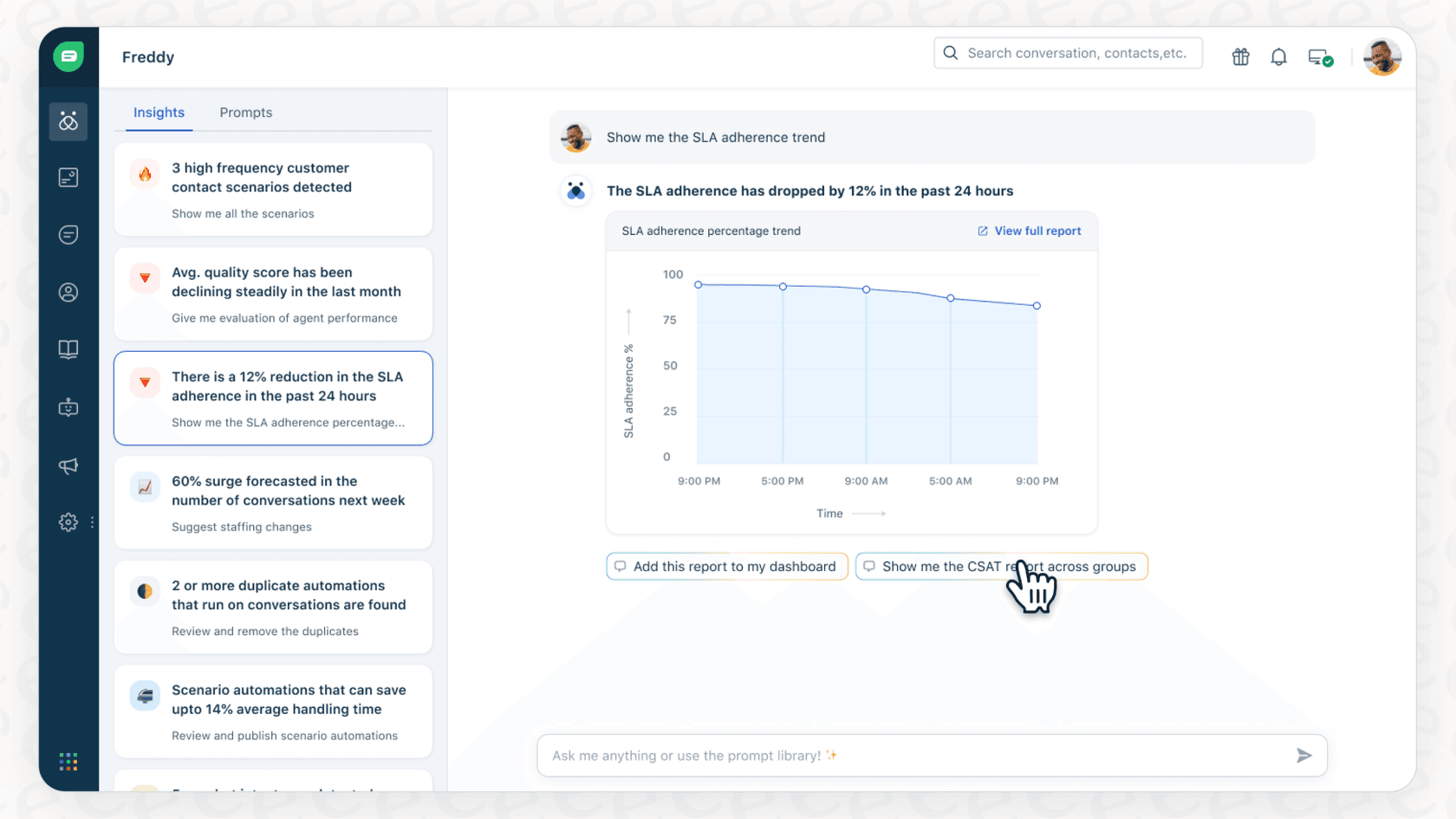 A screenshot of the Freddy Insights conversational analytics feature, which allows users to ask questions about their data in natural language.