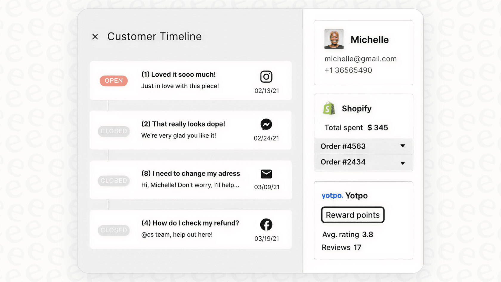 Captura de pantalla de la línea de tiempo del cliente en Gorgias, que ayuda a los equipos a comprender el contexto completo de un cliente
