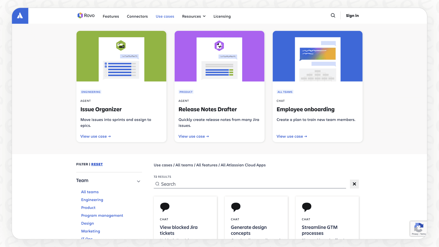 Screenshot of Rovo Use Cases Library.