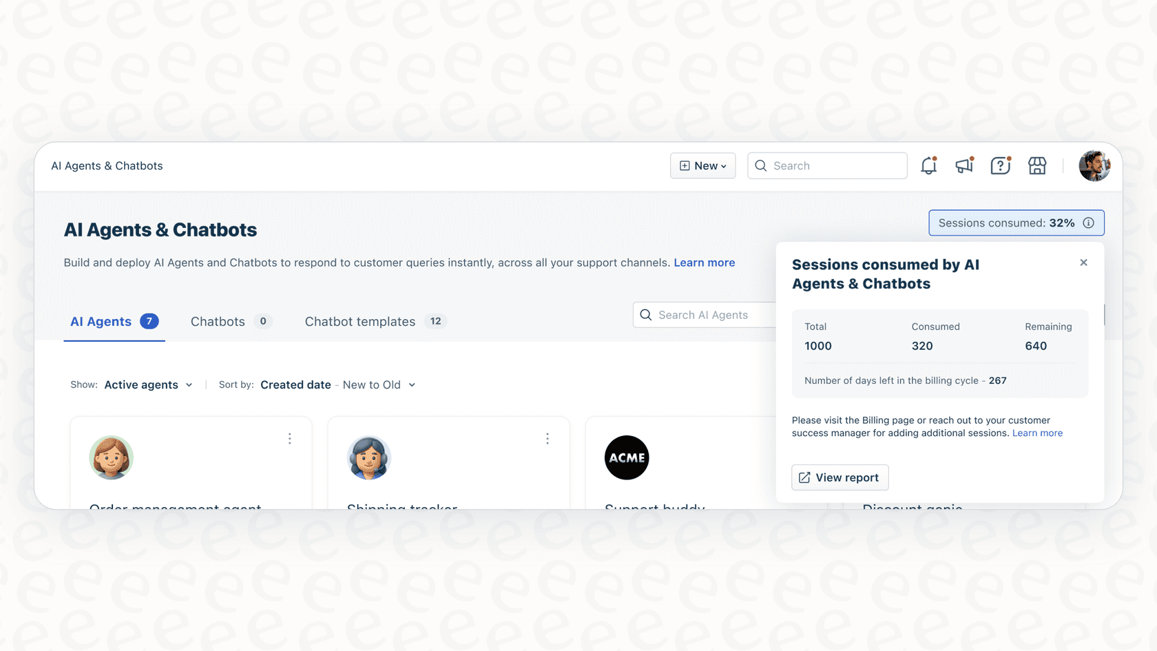 Capture d'écran de la consommation de sessions de l'agent IA Freshdesk