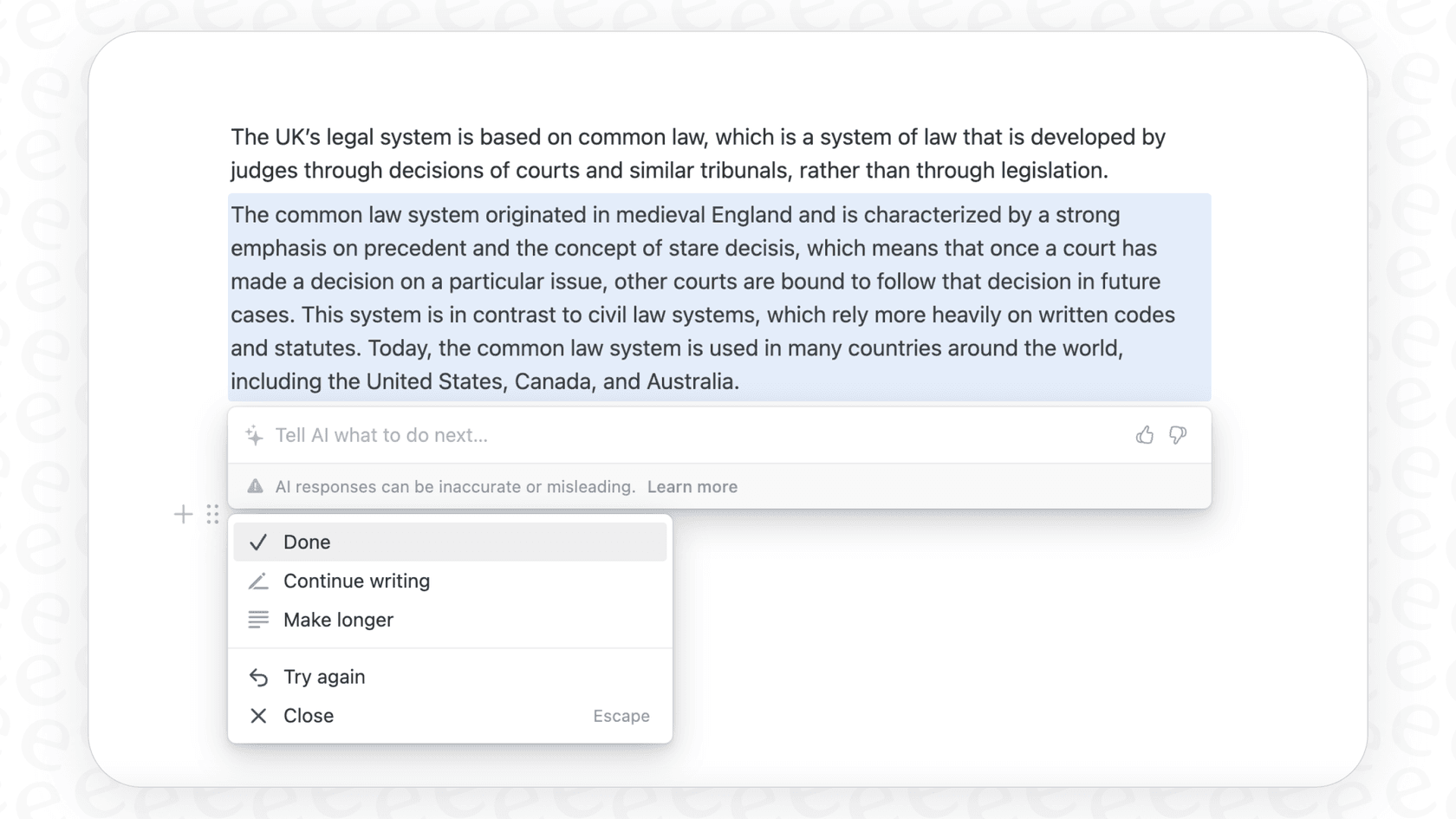Screenshot demonstrating how to use the Notion AI generate content tool by typing /ai to bring up the prompt for writing a blog post.