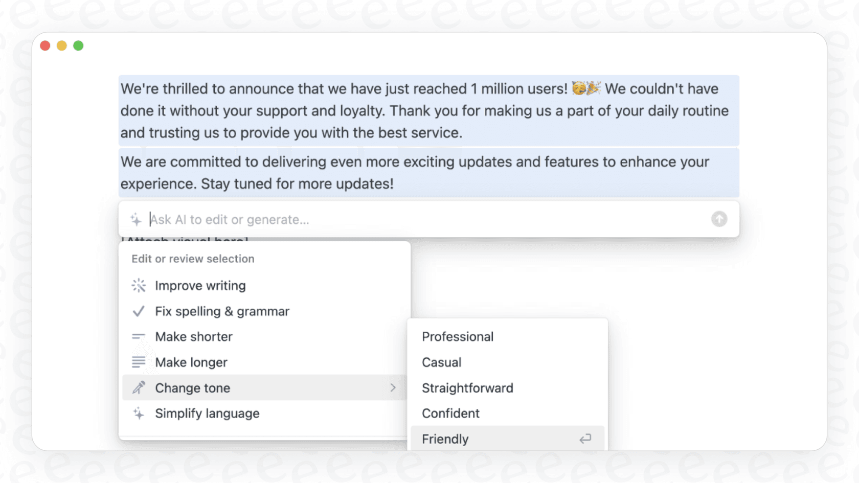 A user selects the "Friendly" option from the Notion AI Tone Adjustment dropdown menu to change the text