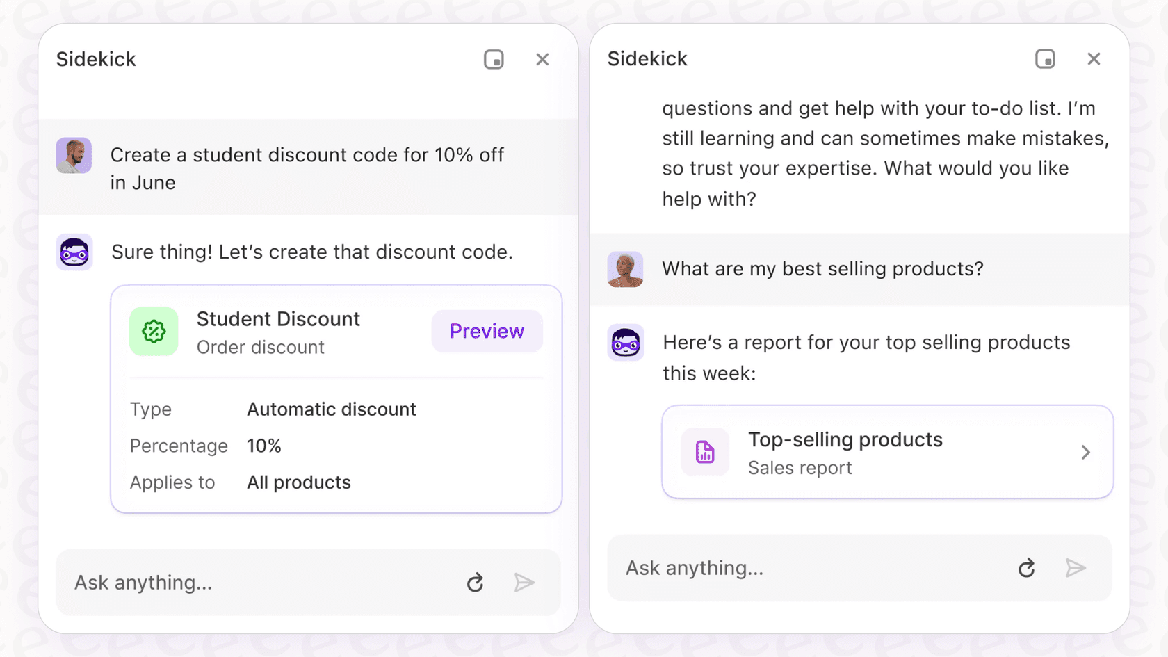A user interacting with the Sidekick assistant, an example of Shopify Magic AI tools across workflows.