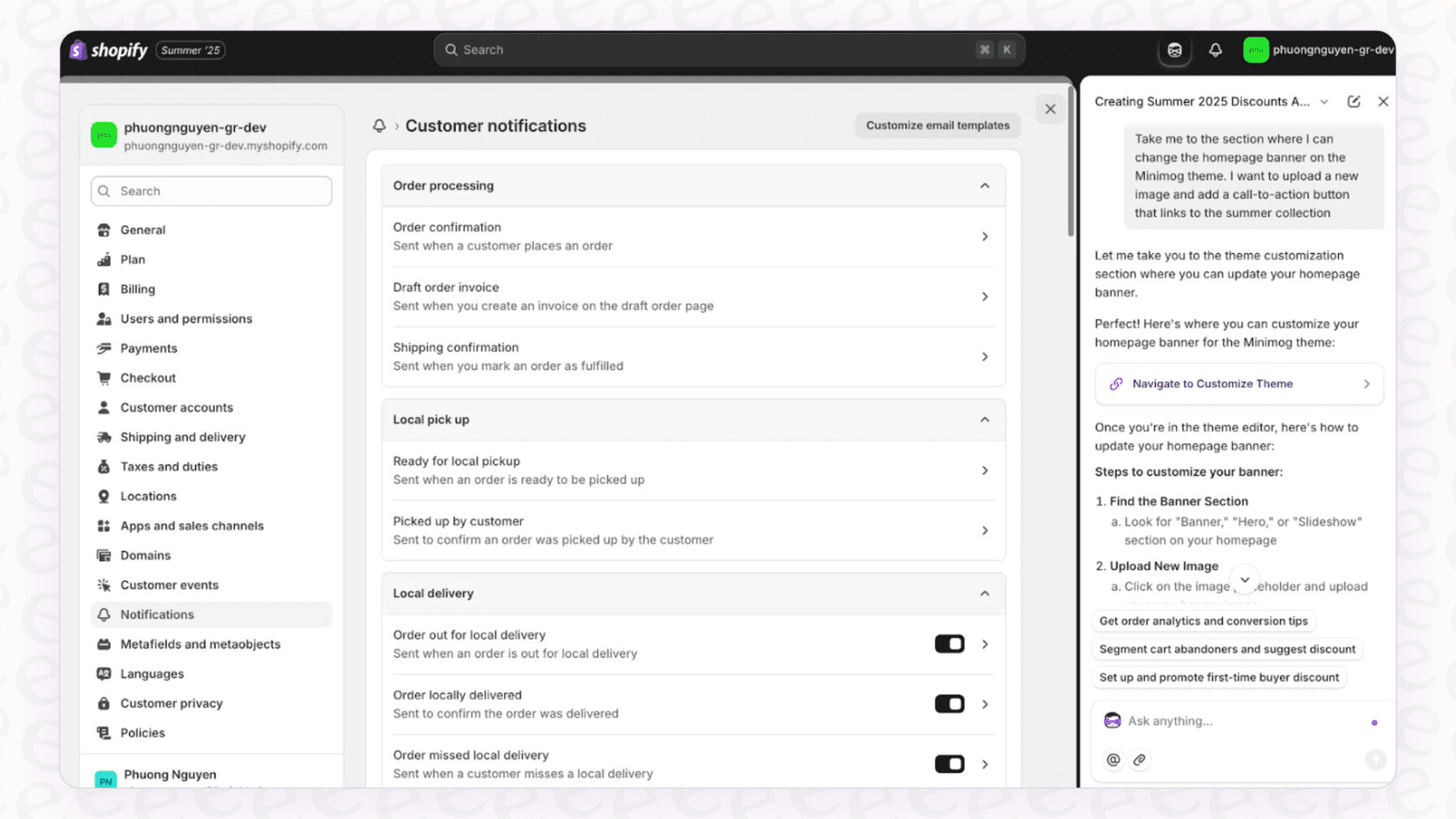 Screenshot demonstrating the user interface for Shopify Sidekick Contextual Insights.