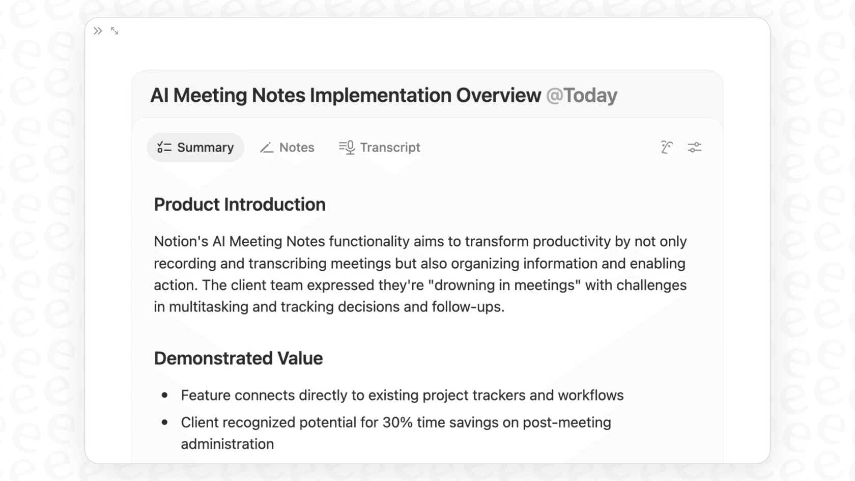 A close-up screenshot of an AI summary generated by Notion AI Meeting Notes, displaying key takeaways from a meeting.