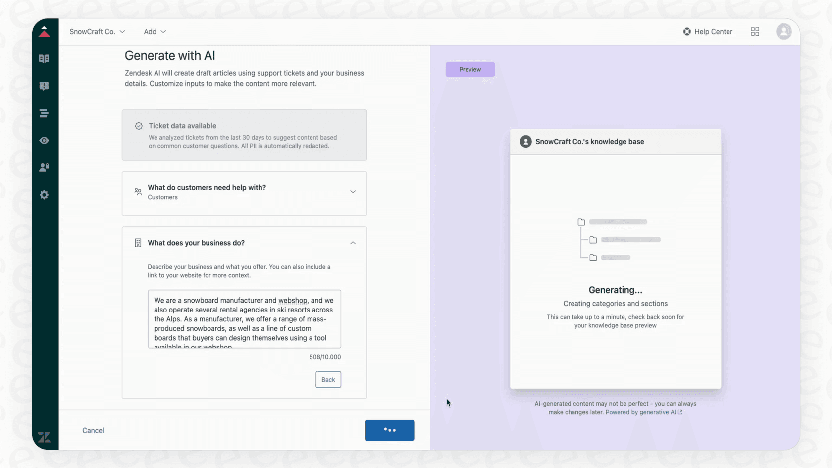 Screenshot of using AI for making help center content