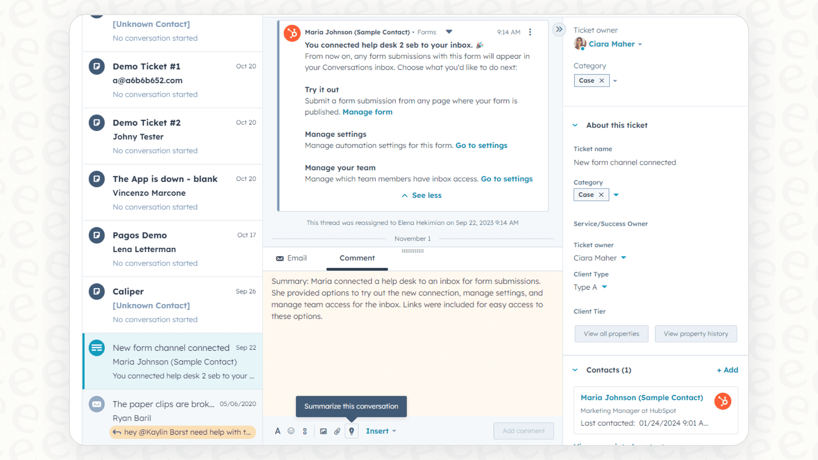 A screenshot demonstrating the HubSpot AI summarize long ticket threads tool within the conversations inbox.