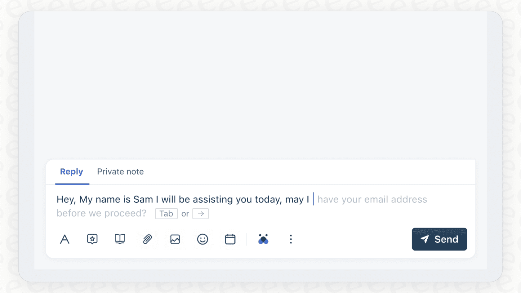 A support agent using the Freddy AI auto complete feature to respond to a customer query faster.