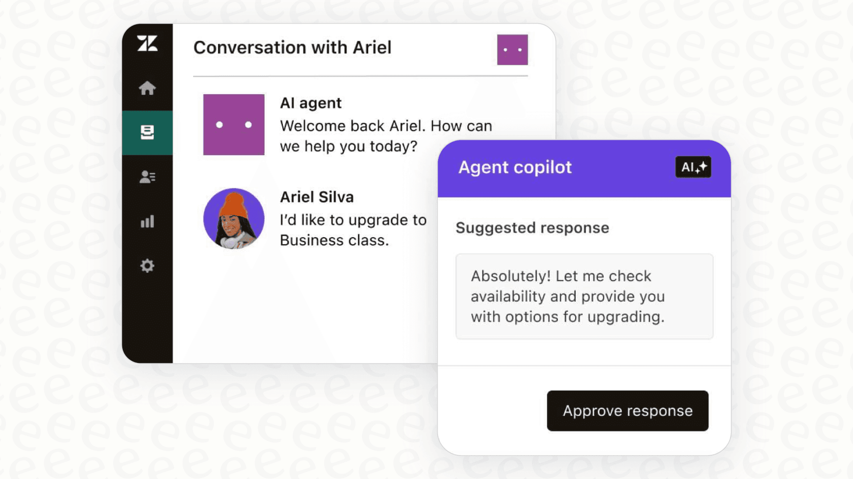 A support agent using the reply sugggestion tool from the Zendesk AI Copilot add-on to resolve a customer issue.