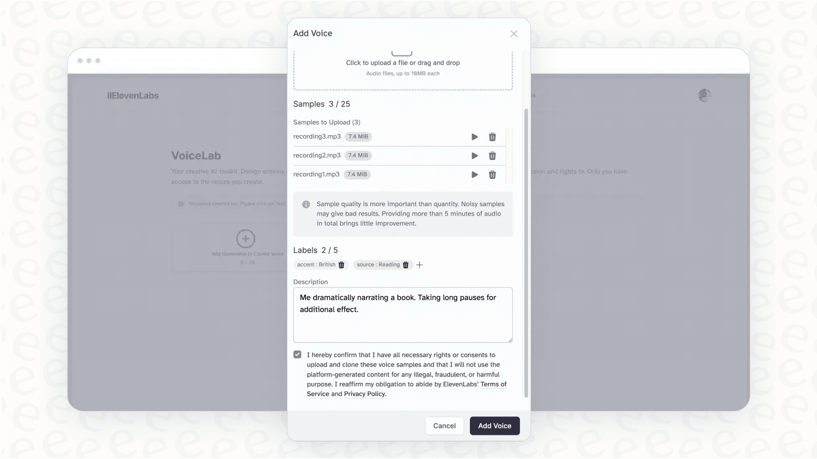 Screenshot showing ElevenLabs’ VoiceLab interface where users upload audio recordings, label accents and tone, and describe the voice to clone for AI generation.