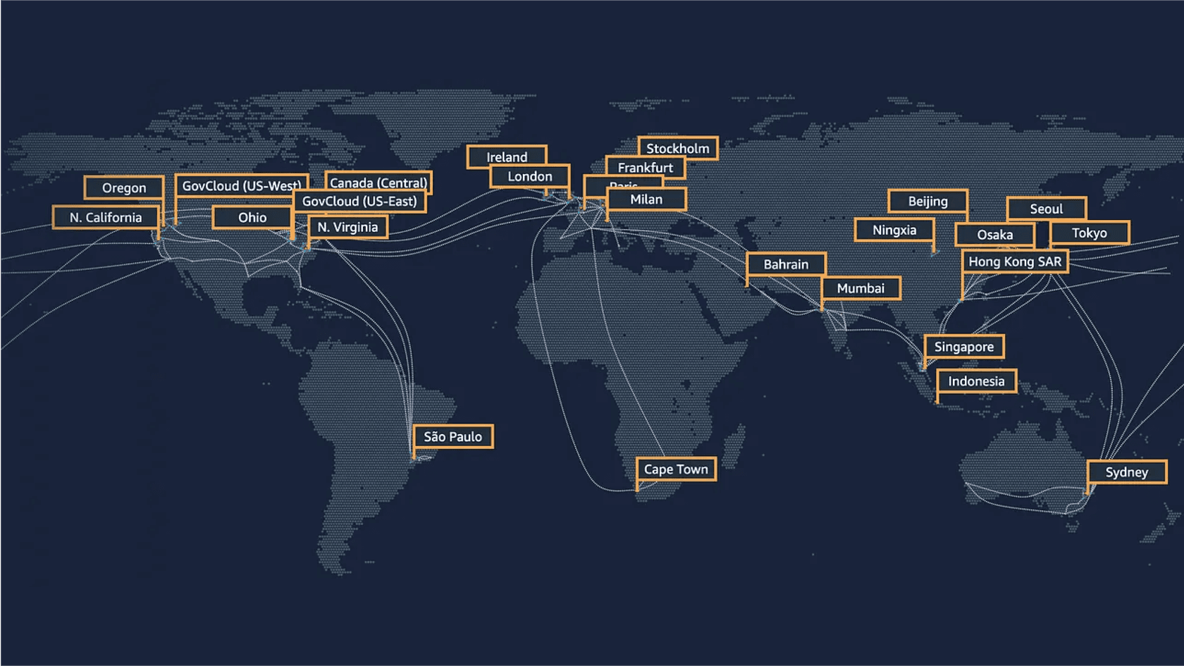 An infographic providing a visual AWS overview of its global network of Regions and Availability Zones.