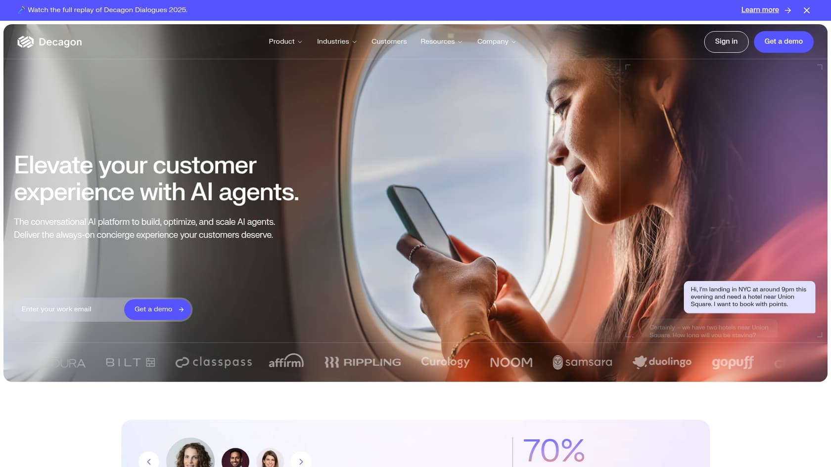 A screenshot of the Decagon landing page, a key consideration in the Decagon vs Forethought comparison.::