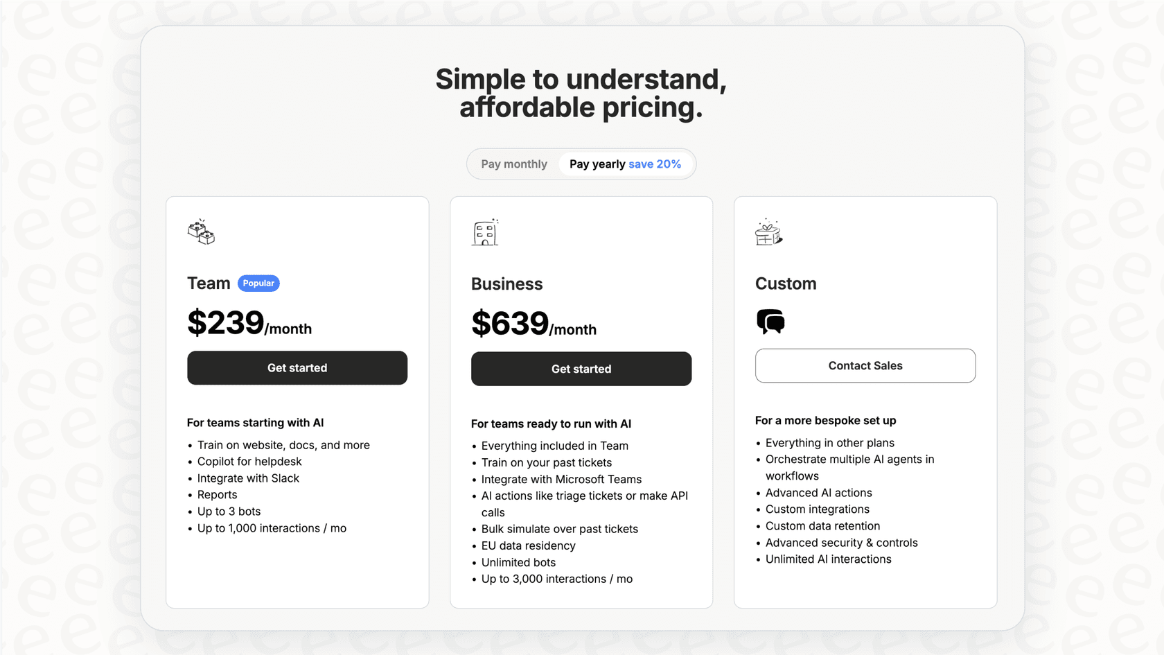 eesel AI public pricing page showing transparent costs