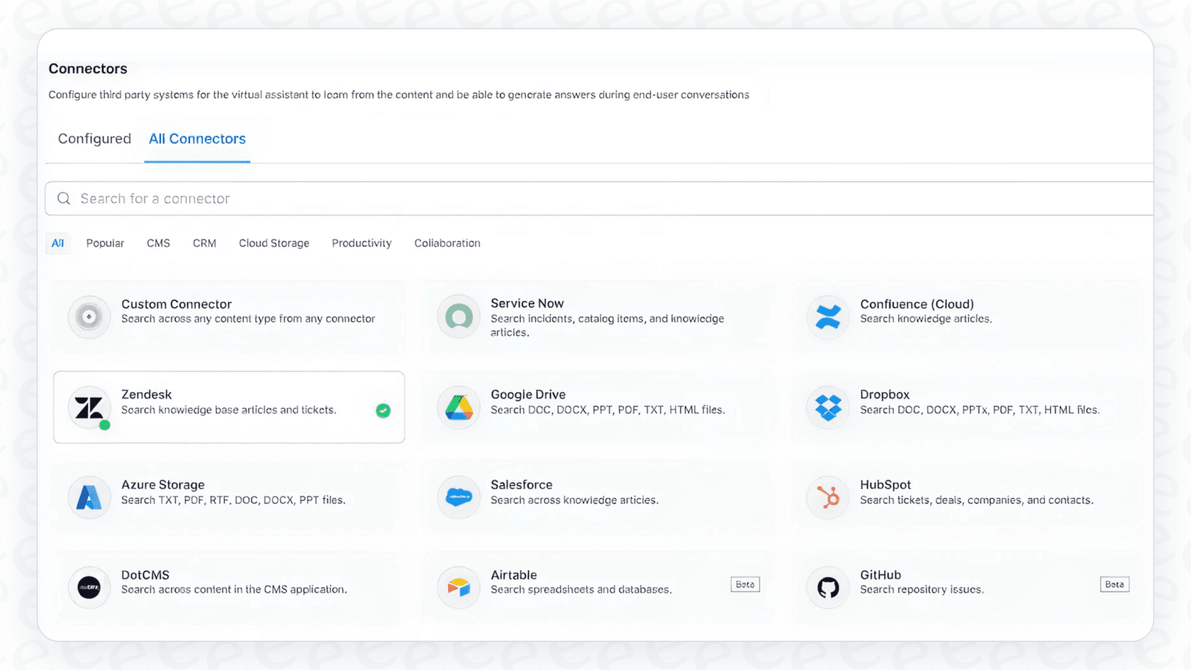 Kore.ai all connectors screen.