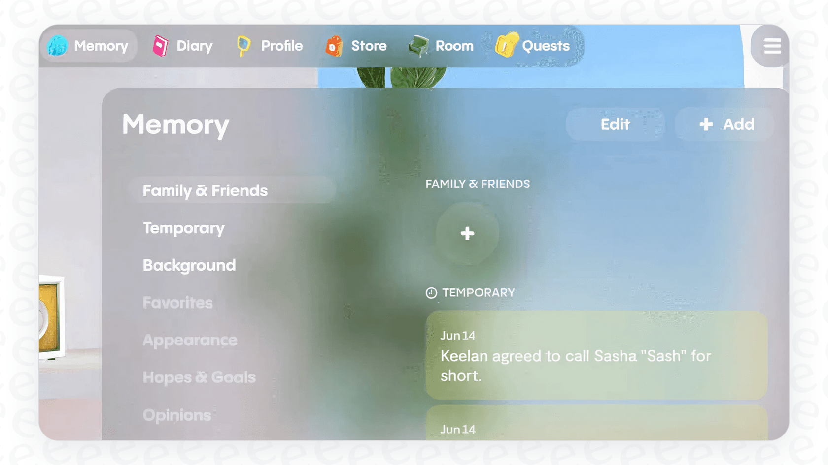 A view of the Memory bank in the Replika AI app, demonstrating how it stores personal details from conversations.