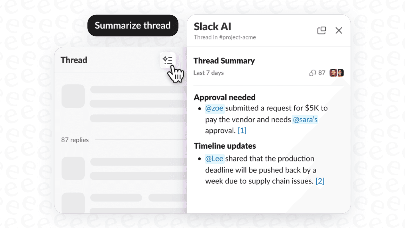 A user right-clicks a Slack thread and selects the "summarize thread" option, with Slack AI Search Answers generating a brief summary.
