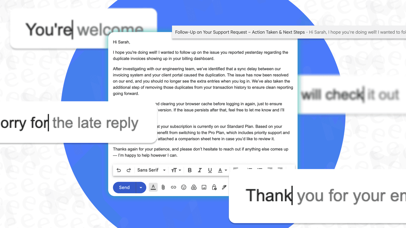 A user typing an email with Gmail Smart Compose providing a suggestion to complete the sentence.