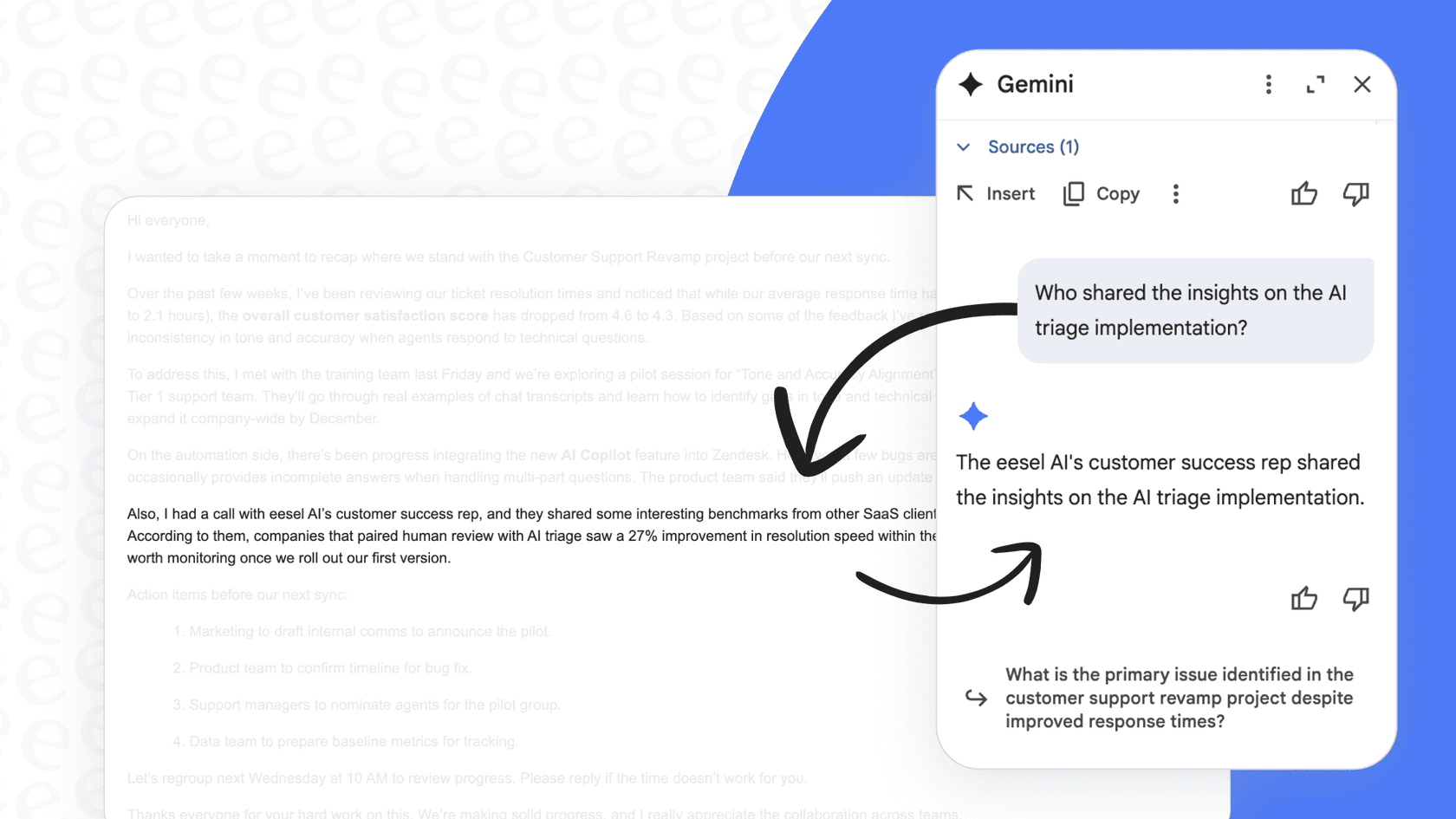A user asks a question in the side panel for Gmail Ask Gemini for Details.