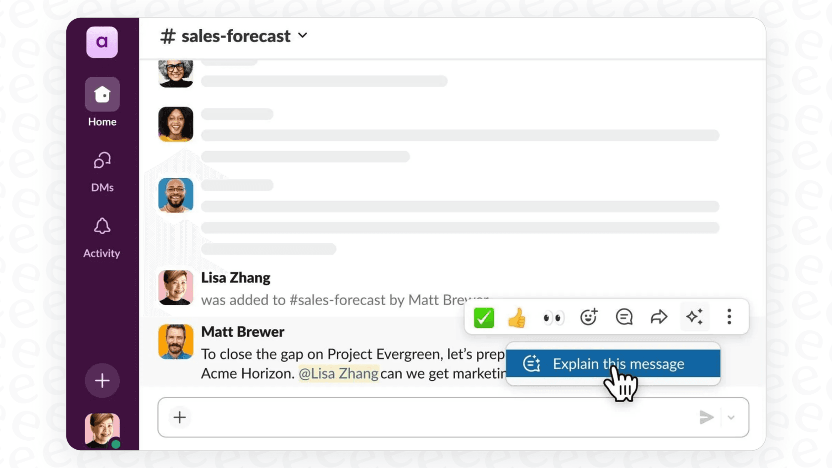 Screenshot demonstrating the use of Slack AI Message Explanations on a project codename within a Slack channel.