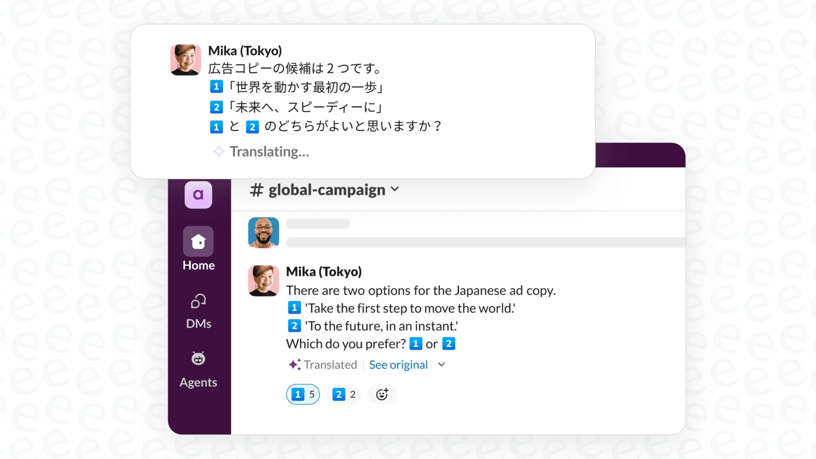A screenshot showing the seamless process of using Slack AI translations in Slack on a message.