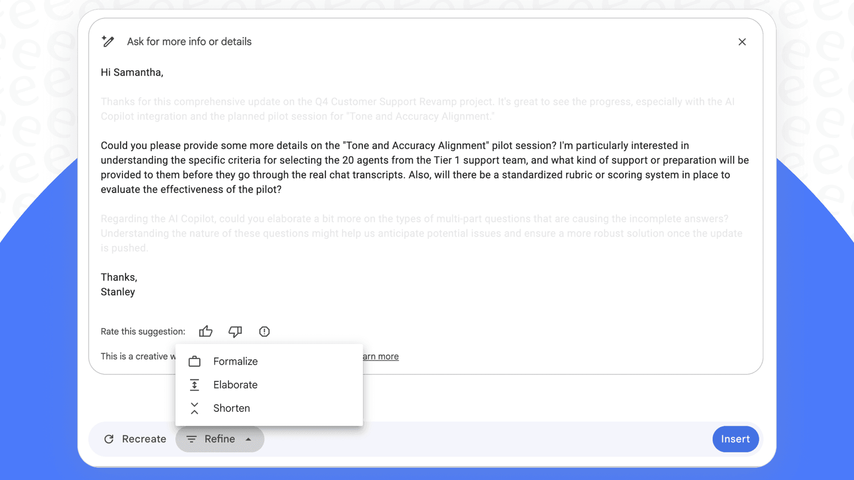 The "Refine" menu in the Gmail Help Me Write feature, which allows users to improve their email drafts.